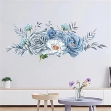 Blue-Gray Peony Flowers Wall Stickers,  Floral Art Plants Wall Decals 
