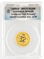 2012-P Australia Dragon ANACS MS70 DCAM .999 Fine Pure Gold 1/4 Ounce Coin Slab