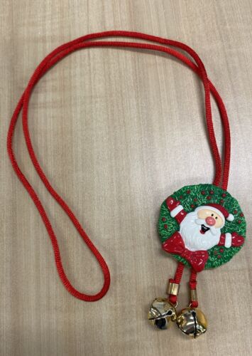 CURRENT Christmas Bolo Tie VINTAGE Happy Santa Claus Wreath Jingle Bells - Picture 1 of 4