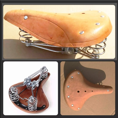 Brown Retro Bike Saddle Vintage Classic Real Genuine Leather Bicycle Spring Seat - Picture 6 of 6