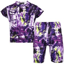 Kids Girls Short Sleeves Purple Crop Top Tie Dye Print T Shirt Top Shorts Set