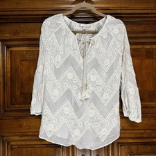Embroidered Tunic Top Womens L Off White Eyelet Lace Boho Sheer Made in USA