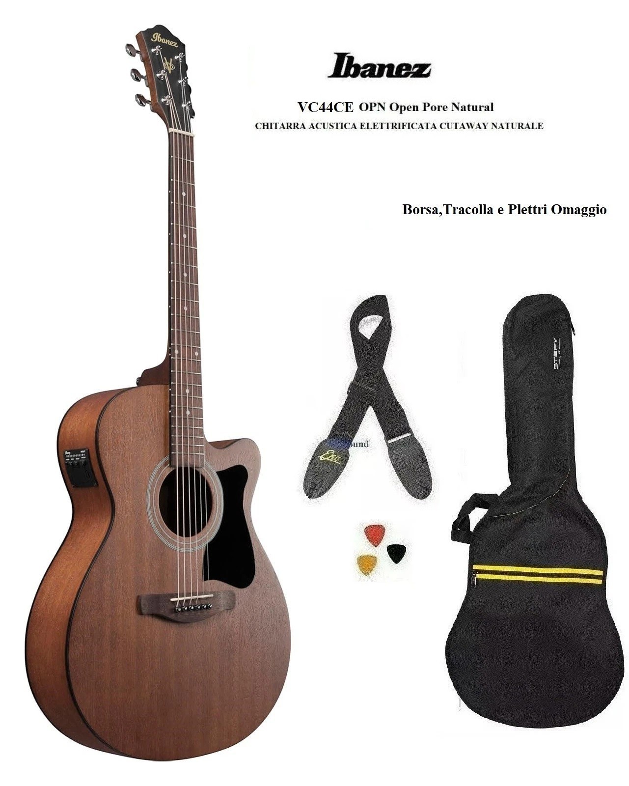 Ibanez VC44CE OPN Open Pore Chitarra acustica elettrificata Kit Borsa e Tracolla