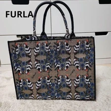 FURLA Tote Bag L Jacquard Canvas Cotton Khaki Black A4 GUSSET Good Condition