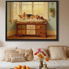Corgi Dog Canvas Print Oil Painting Living Room Dog Decor Framed Pet Artwork