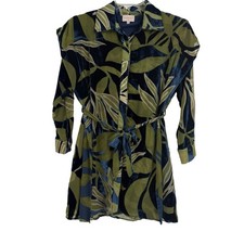 CIEBON green Blue Velvet belted mini shirt dress Size XS Long Sleeves Button Up