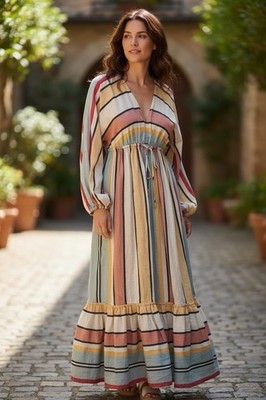 Zimmermann Multicolor Striped Linen Canvas Tiered Cassia Maxi Dress sz 4 US  (0) | eBay