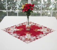  Embroidered Christmas Candles, Bell and Poinsettia Red Linen Doily  24" Square
