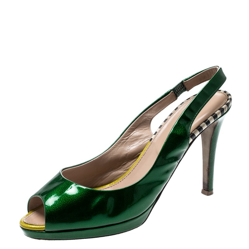 Sergio Rossi Green Patent Leather Peep Toe Slingback Sandals Size 37 EU