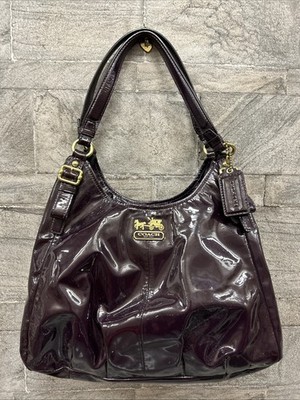 Coach Madison Maggie Patent Leather Shoulder Hobo Bag Brass Hardware 18760 Plum