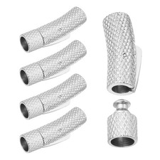 5pcs Column Leather Cord End Caps 6mm Hole Stainless Steel Clasp, Silver Tone