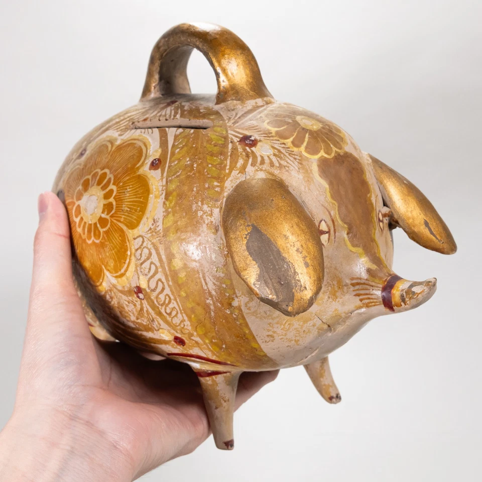Rare Antique C.1900 Tlaquepaque Mexican Pottery Piggy Bank with Handle - Image 1 of 4