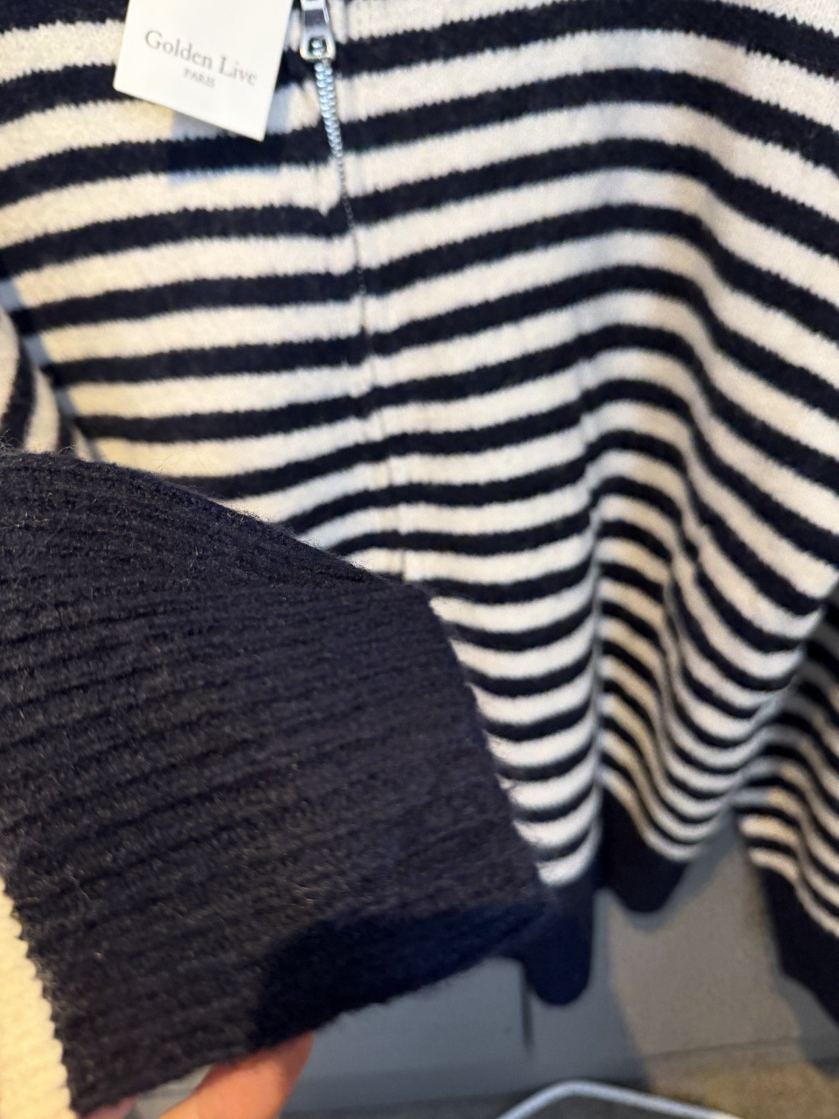 Glamify Boutique Women’s Navy/Cream Striped Hooded Half Zip Knit Jumper One Size image 7