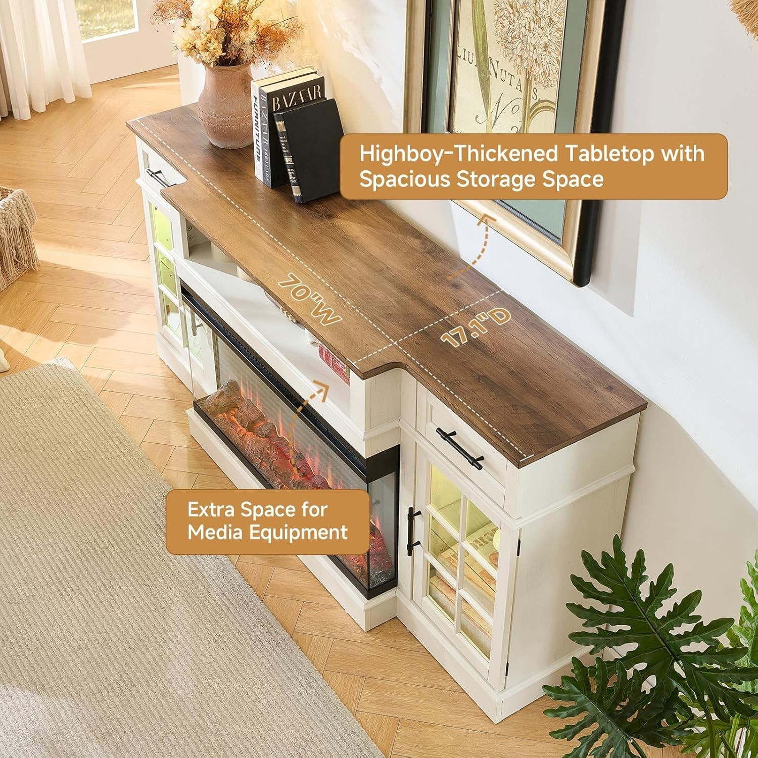 70 Inch TV Stand Entertainment Center Fireplace with Glass Doors and Drawers