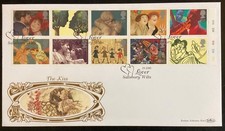 GB 1995 Greetings Booklet Pane FDC Benham Gold Silk, ‘Lover’ Salisbury pmk (E45)