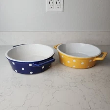 2 BIA Hand Glazed Baking Dishes Ceramic Round 1-Blue & White 1-Yellow & White