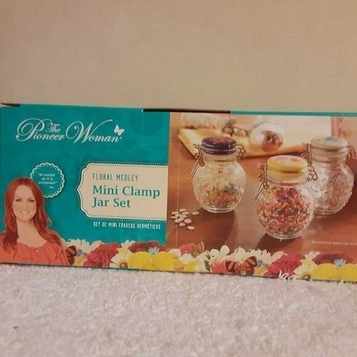 Pioneer Woman 3 pack Floral Medley Mini Clamp Jar Set 3.5" stainless steel clip - Picture 2 of 4