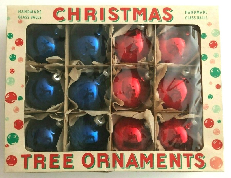 AWESOME 1940's  VTG FANTASIA Blown Glass Xmas Ornaments Red & Blue Austria w/box