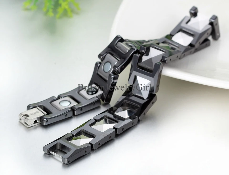 Pulsera de enlace magnética de carburo de tungsteno negro cerámica plateada de 12 mm para hombre de 8,3" Foto 3 de 4