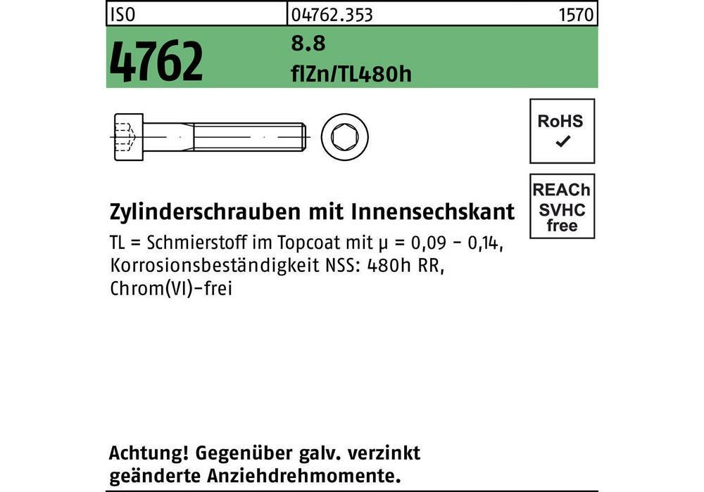 ISO 4762 Zylinderschrauben 8.8 M 10 flZn/nc/TL/x/480h/C flZn S 200 Stk ...