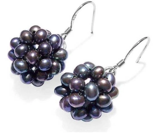 White, Pink, Mauve or Black Real Pearls Snow Ball 925S Silver Dangling Earrings - Image 4 of 4