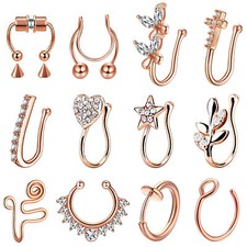 12pcs Fake Nose Rings Septum Ring Non-Piercing Clip on Surgical Steel CZ Inlaid