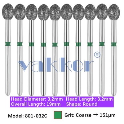 Vakker 10pc Dental 801-032C Diamond Burs Coarse Grit Friction Grip Round Shape