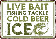 Funny Fishing Signs Live Bait Fishing Tacle Cold Beer Ice Vintage Metal Fish Pai