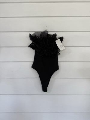 New ZARA Organza ruffle ribbed bodysuit Black Slim fit Sleeveless Small