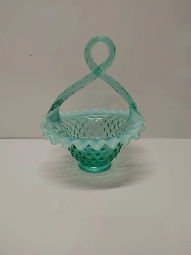 Vintage Opalescent Green Fenton Hobnail Basket With Defects 8" Tall