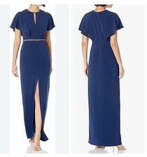 Halston Heritage Cape Sleeve Gown Dress Size 0 Blue Rhinestones *FLAWED