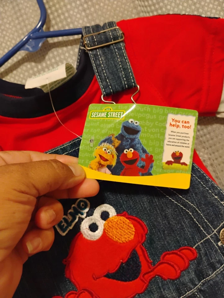 NWT Sesame Street Elmo And Cookie Monster Denim Overalls /Long Sleeve Tshirt 12m - Image 4 of 4