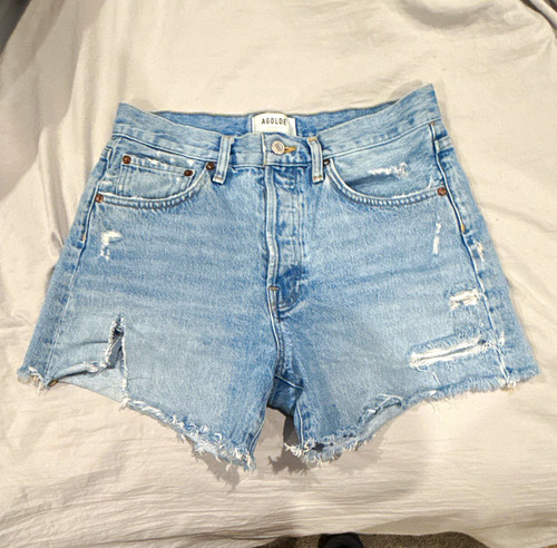 AGOLDE Parker Long Women's Denim Cutoff Shorts 26 Light Wash Distressed
