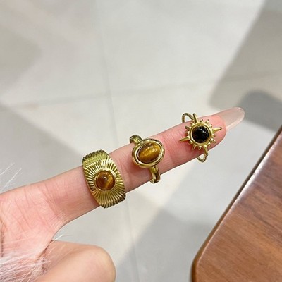 Vintage Sonnenblumen Ring für Damen mit für Tigerauge Stein und Gold Kupfer Band