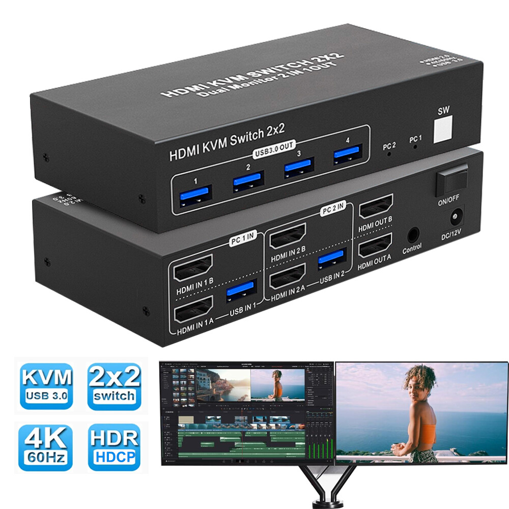 2X2 KVM Switch Dual Monitor HDMI 2.0 KVM Switch Extended Display HDMI DP USB 3.0