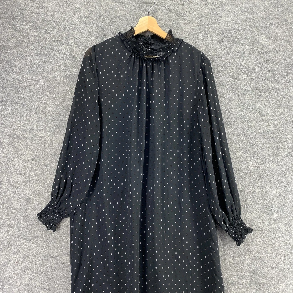 H&M Shirt Dress Women 12 Black Polka Dot Midi Lined Long Sleeve High Neck Casua - Image 3 of 4