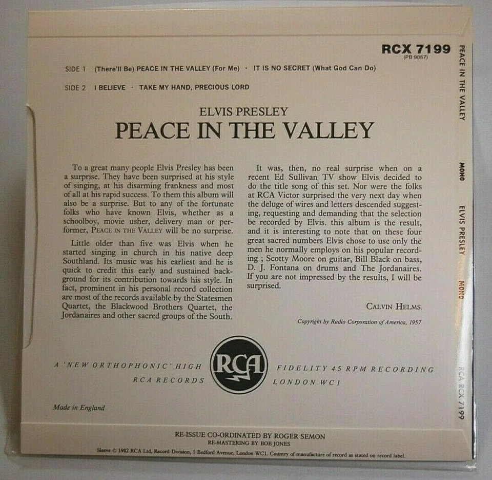Elvis - Peace In The Valley 45 EP, EXCELLENT 1982 Foto 3 de 4