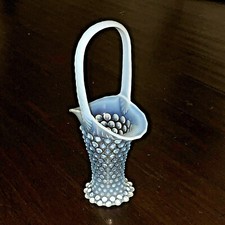 40-50s Fenton Opalescent White Bluish HOBNAIL Handled Basket Collectible Glass