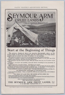 1910 Seymour Arm Fruit Lands Ad Shuswap Lake British Columbia Canada Settlers
