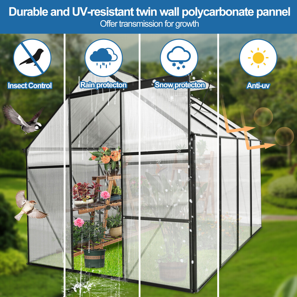6x8 FT Polycarbonate Greenhouse Raised Base and Anchor Aluminum