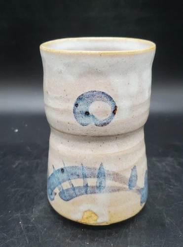 Handmade Art Pottery Grey Glaze Cup Tankard 5" Signed