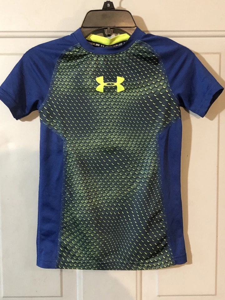 Boys Under Armour Heat Gear Fitted Blue/Green Short Sleeve Shirt Size Youth S — 第 2/4 张图片
