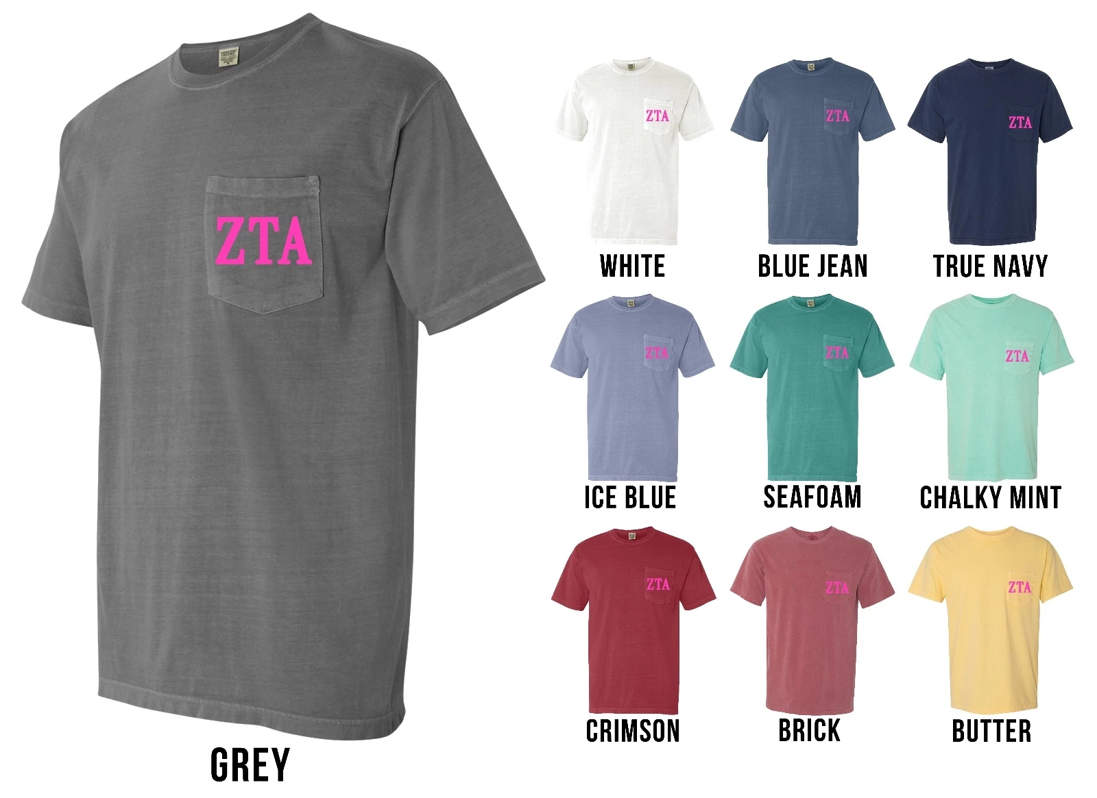 Zeta Tau Alpha Sorority Letters ZTA COMFORT COLORS POCKET Shirt - NEW