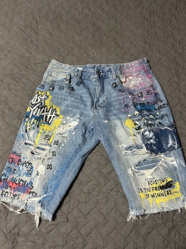 Smoke Rise 34 Distressed Denim Shorts Custom Graffiti Painted Streetwear