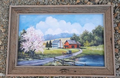 Vtg Tom Miller Signed Oil Painting Sugarcreek Ohio Amish Swiss Mural Original 