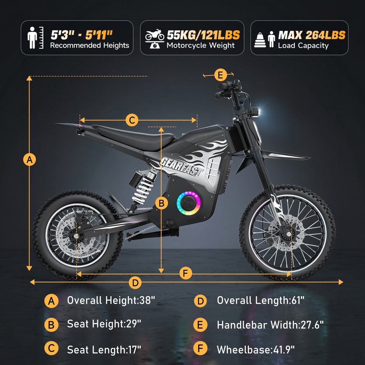 Electric Dirt Bike 3000W Peak 44MPH 48V 23.4AH Off-Road E-Moto for