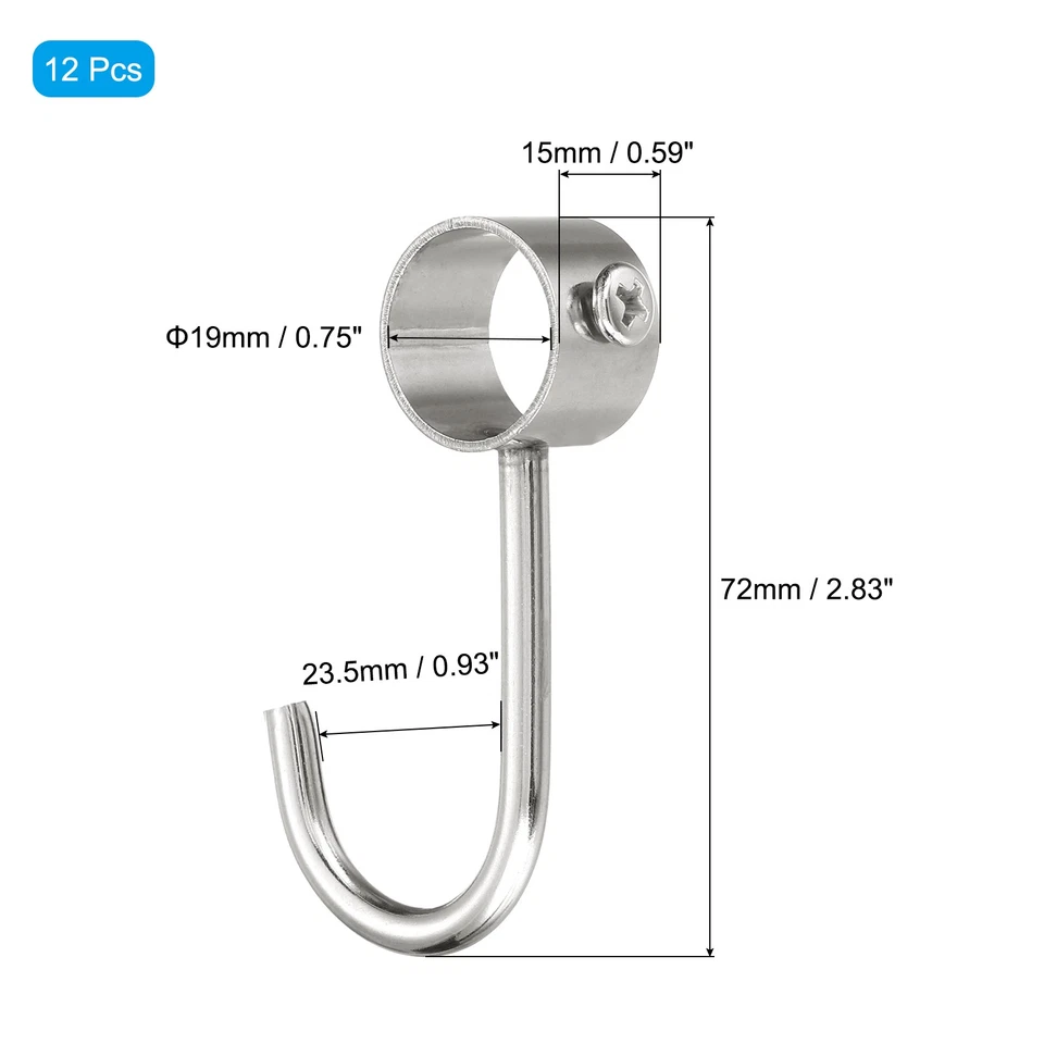 12Pcs Stainless Steel 19mm Inner Dia Pipe Rod Hooks Coat Hook Silver - Image 2 of 4