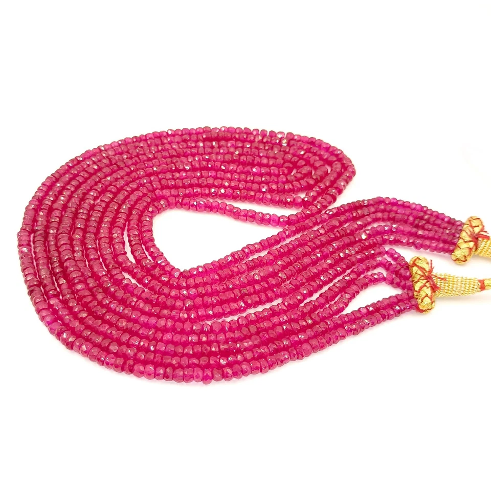 Ruby Beaded Necklace,3-5mm Faceted Rondelle Beads Necklace, 5 Strand Necklace - Image 2 of 4