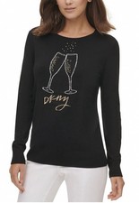 DKNY Womens Black Graphic Rhineston Embellished Long Sleeve Pullover Sweater XXS