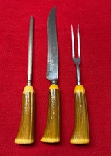 Westfall Richardson 3 Piece Carving Set Antler Handles Sheffield Knife Fork Rod